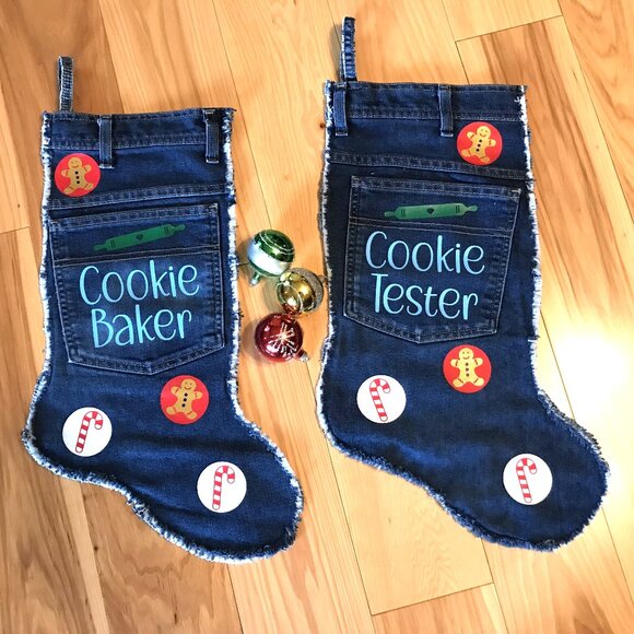 Handmade Denim Christmas Stocking w/Pocket: Cookie Tester Graphic, Size L - Picture 5 of 9
